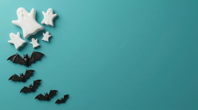 Ghost cookies and bat decorations arranged on a teal background with copy space
