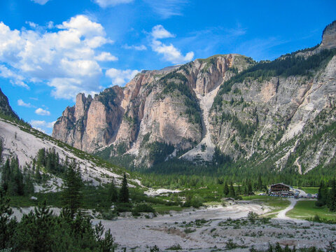upper part of the Fanes Valley - Val di Fanes, toward the iconic Peder&uuml; mountain inn visible in the bottom right corner. South Tyrol, Italy