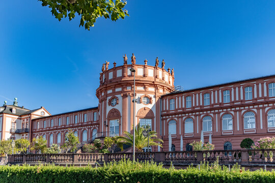 castle Biebrich in morning light with statues at rotunda, Wiesbaden