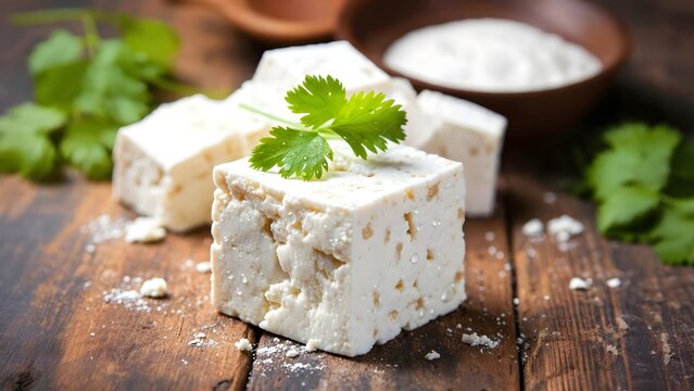 Fresh feta cheese cubes on a rustic wooden table