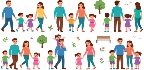 Fototapeta premium Cute family character illustration bundle featuring parents walking children piggyback ride and nature elements