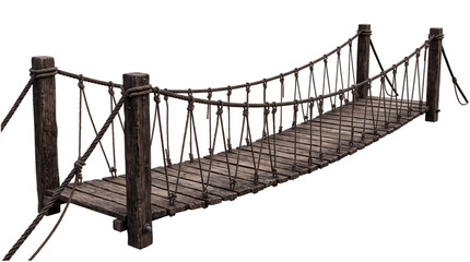 Rustic wooden rope suspension bridge over a dark png on isolated transparent background © PNG Studio 99