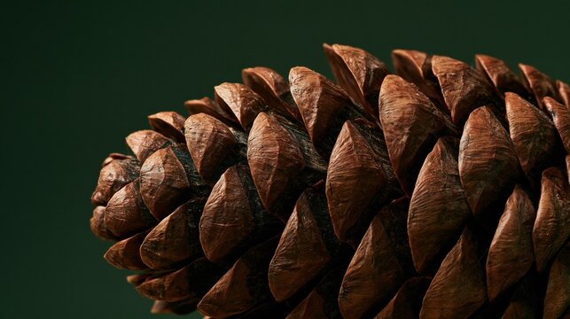 A single textured brown conifer fruit rests quietly in the dim light while casting natural shadows across the dark green surface representing a peaceful seasonal transition within the wild