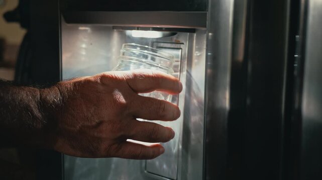 A hand holds a glass jar collecting ice cubes