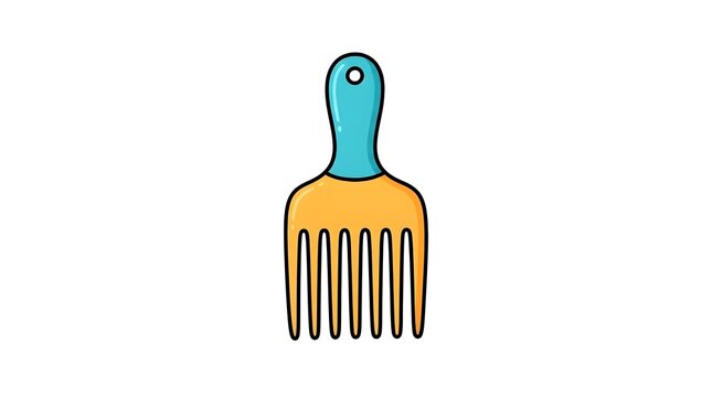 Colorful cartoon illustration of a wide-tooth afro pick comb with a blue handle and orange teeth, isolated on a white background. Great for hair care and styling concepts.