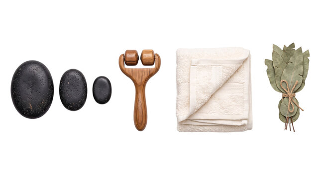 Spa and wellness hot stones, jade roller, towel, png on isolated transparent background
