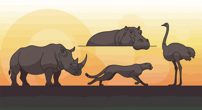African safari wildlife vector set, rhino cheetah hippo and ostrich silhouettes, savanna animal collection for design