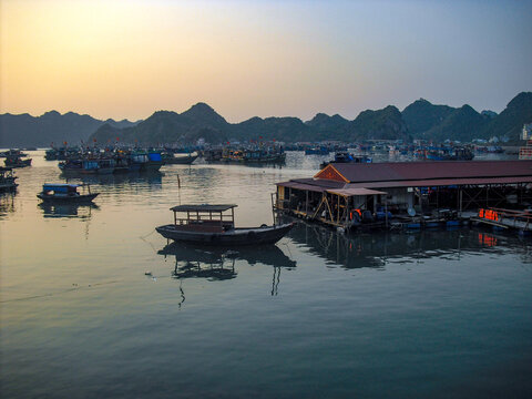 Sunset over the Floating Village in Halong Bay