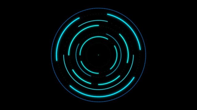 Futuristic Neon Cyan HUD Circular Radar Interface Loop with Rotating Concentric Data Rings and Targeting Sight for Sci-Fi UI Overlay, Tech Display, and VFX Matte