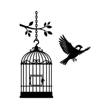 Bird escaping ornate cage silhouette vector illustration, Bird escaping ornate cage silhouette