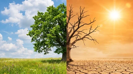 Split Tree Climate Change Concept: Lush Green Tree in Blue Sky vs Dead Bare Tree in Red Desert Drought, Global Warming Art © Anastasia
