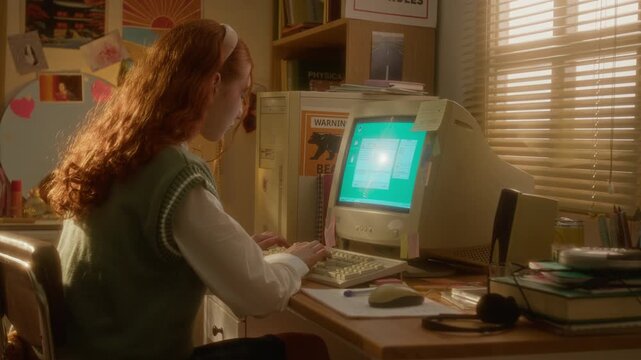 Caucasian teenage girl typing on vintage CRT computer in retro room. Footage is ideal for nostalgic marketing campaigns, technology history videos, or educational content about early internet