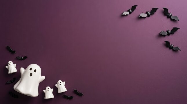 Cute ghost figures and bats on a purple background for Halloween celebration concept