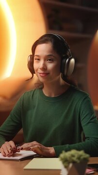 Friendly Asian female teacher in headset conducts video lesson in library