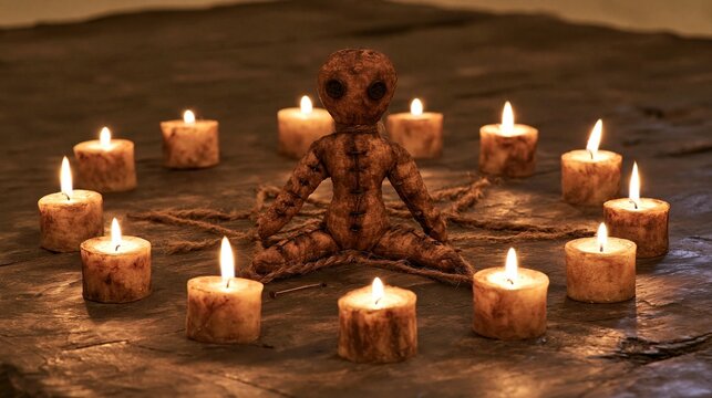 Small voodoo figure in meditation pose with circle of burning candles