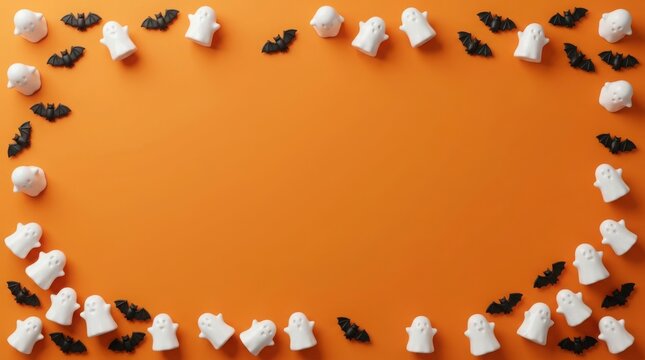 Halloween candy ghosts and bats arranged with copy space on an orange background