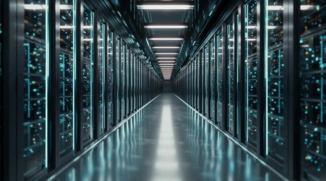 cinematic technology stock footage inside a massive futuristic data center, endless rows of sleek server racks with subtle synchronized light activity