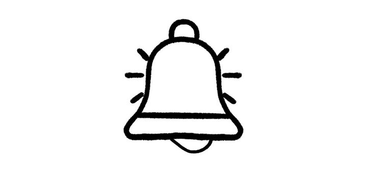 Minimalist hand drawn black and white line art animation of ringing bell icon pulsing with motion rays on clean isolated white background for alert notification UI element.