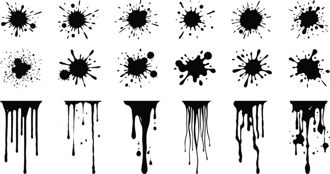 Black ink splatter and liquid dripping paint vector set featuring abstract grunge splats messy stains borders trails and blood drips silhouettes icons
