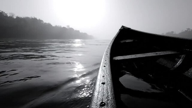 Black and white view from inside a wooden boat gently moving on a misty river toward the sun.