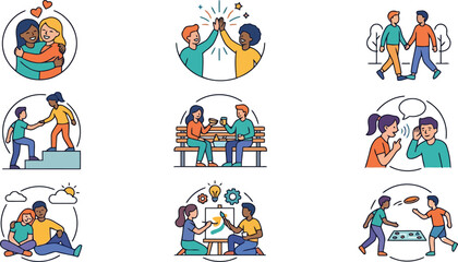 Fototapeta premium Collection of vector illustrations depicting diverse people interacting in collaborative and supportive scenarios collaboration