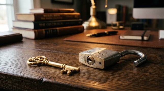 brass key padlock open padlock vintage key antique key brass padlock old key skeleton key desk setup office desk wooden desk study table library desk books lock security concept