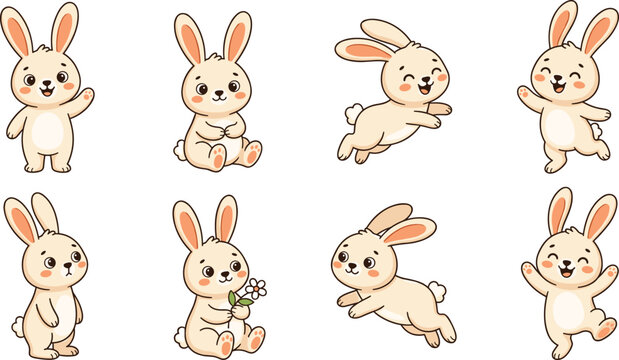 Cute bunny character vector set featuring little easter rabbit in various poses waving sitting jumping running holding flower and expressing happy emotions
