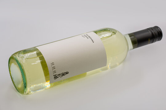 Italian Falanghina Puglia I.G.T. white wine bottle closeup.