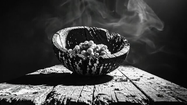 Black and White Artistic Depiction of a Carved Wooden Bowl Filled with Spheres on a Weathered Surface Amidst Rising Smoke