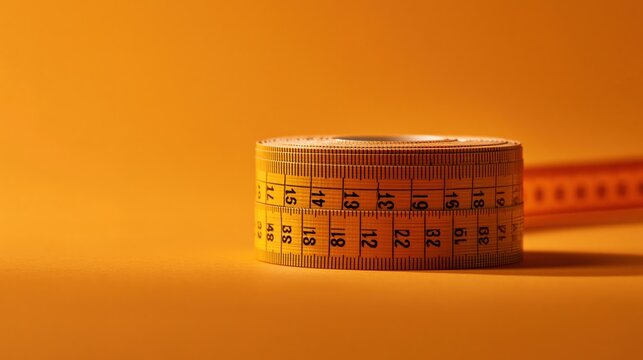 A coiled yellow measuring tape rests upon a vibrant surface to signify precision during various tasks including tailoring projects and structural planning or even health monitoring for weight