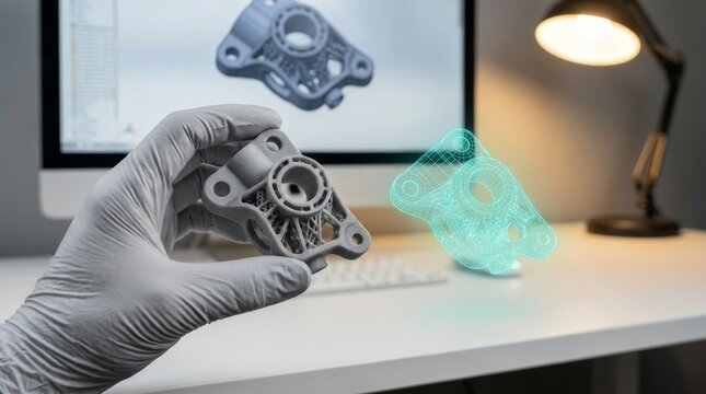 Hand in protective glove holding a complex 3D printed component next to a glowing digital wireframe hologram in a modern engineering laboratory workspace