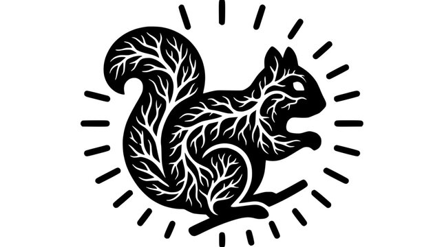 Squirrel Silhouette with Organic Tree Branch Pattern, Isolated