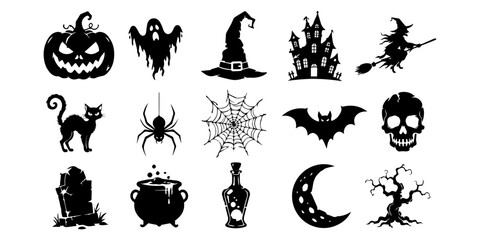 Fototapeta premium Set of Halloween outline icons featuring spooky pumpkin ghost witch hat and haunted house A collection of black and white Halloween line art icons for festive holiday design projects.