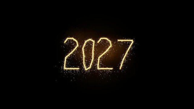 Luminous Golden 2027 Sparkler Text Loop with Flying Sparks and Glowing Embers on Black Background for Happy New Year Celebration, NYE Countdown, and Holiday Video Overlay