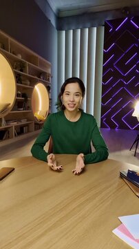 Positive Asian female blogger records lifestyle video in modern library, vlog