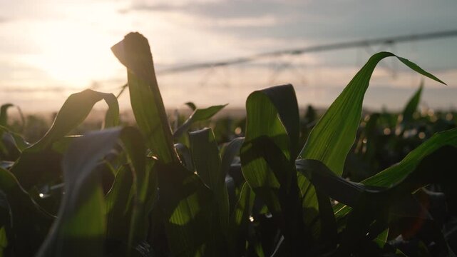 Farming scene shows crop rows stretching across rural land. Corn plants grow beneath cloudy sky at sunset. Warm light glows over green leaves. Irrigation equipment stands far off. Cornfield spreads.