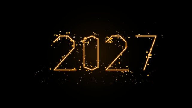 Glowing Neon Gold 2027 Geometric Line Art Typography Animation with Floating Bokeh Sparkles and Light Dust on Black Background for New Year Holiday Countdown