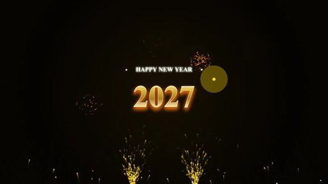 Glowing 3D Gold Happy New Year 2027 Typography Animation with Sparkling Fireworks and Ground Fountains on Dark Background for NYE Countdown and Holiday Intro