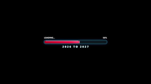 Glowing Red 2026 to 2027 New Year Loading Progress Bar Animation with Percentage Counter on Black Background for NYE Countdown, Year-End Recap, and Tech UI Overlay