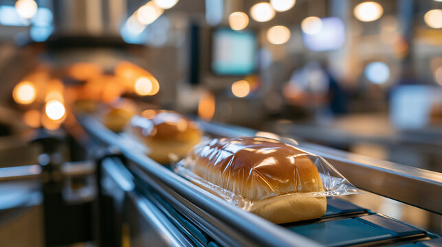 automated food production line with packaged bread products moving on a conveyor belt in a bright facility, food industry concept, technology, organized, industrial, bright, with