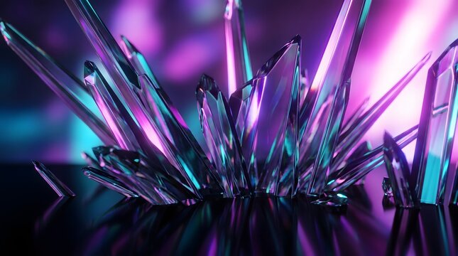 Shimmering crystal gemstone shards glowing purple neon light abstract art.