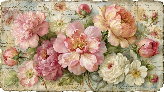 vintage ephemera drawn background with composition of peonies