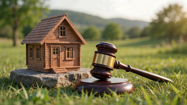 Property law concept with wooden house model and judge gavel on natural background