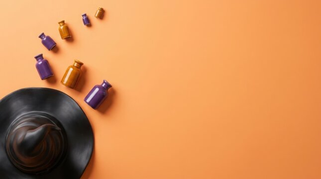 Witch's hat and potion bottles on orange background with copy space
