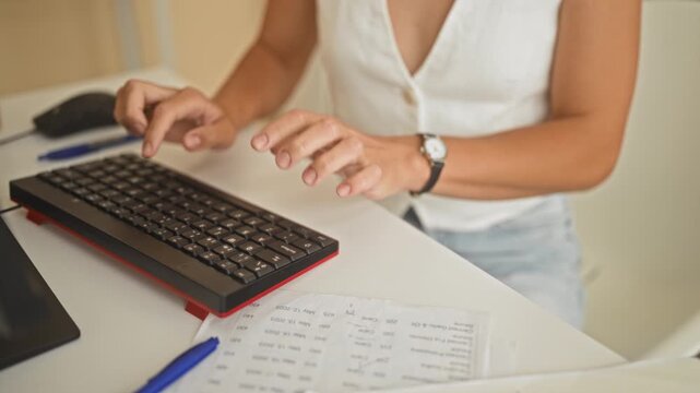 Young woman massaging wrist at desk with keyboard, mouse and printout in studio after typing, holding wrist with other hand; discomfort.