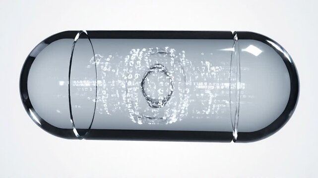 Transparent glass medical capsule containing swirling binary code data flows rotates smoothly in this modern 3d medical animation video clip