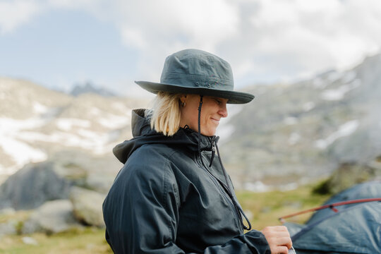 Smiling Hiker At Mountain Campsite