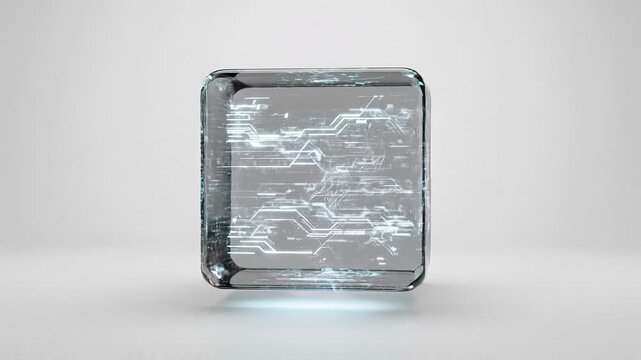 Transparent glass cube displays intricate digital circuit board patterns in this high quality motion animation loop video for tech media