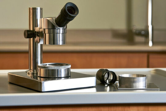 Metal stereo microscope and inspection parts on a table