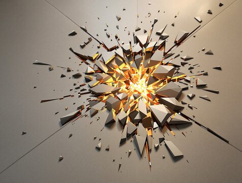 Shattered wall surface exploding with glowing golden light